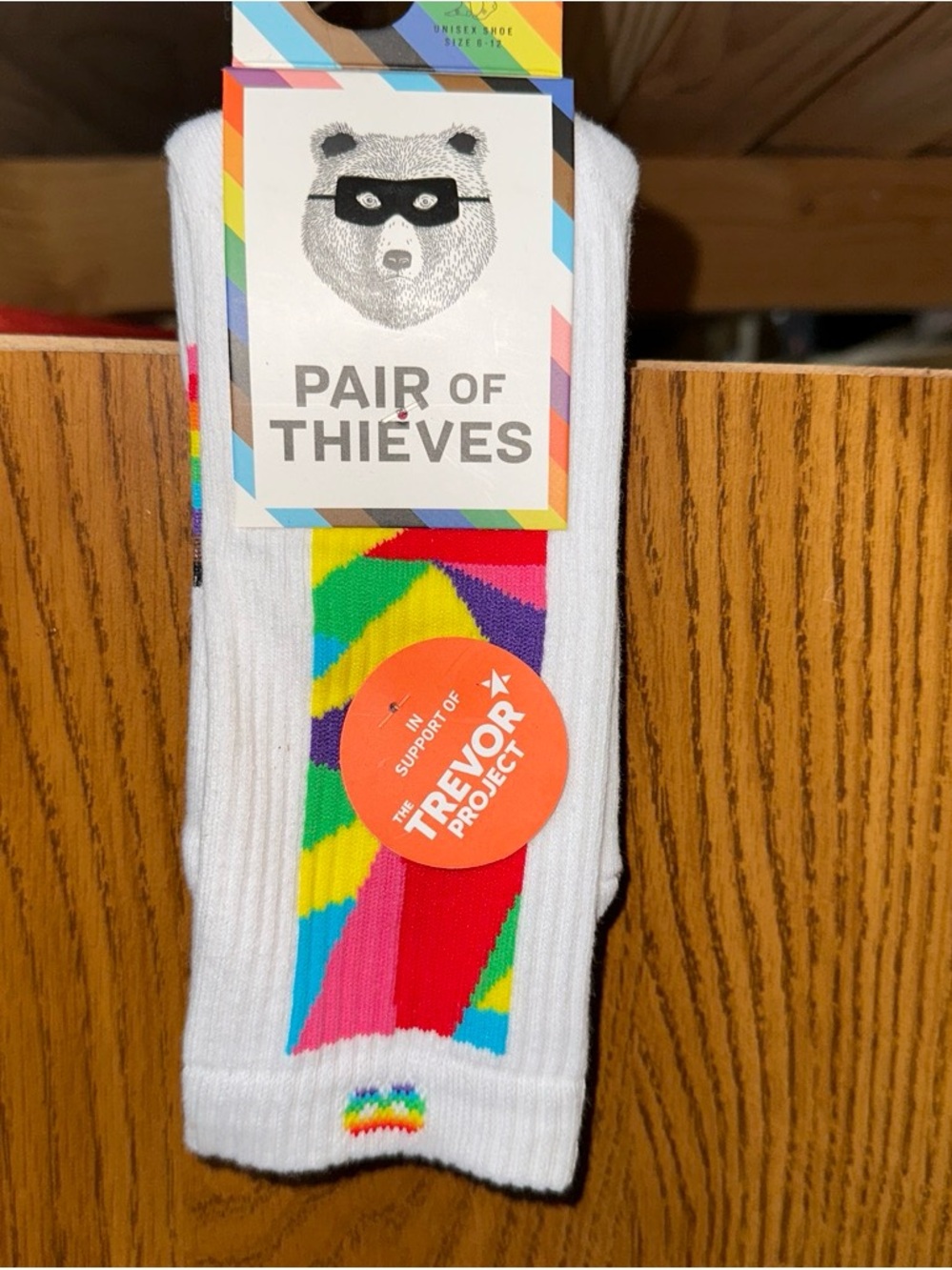 Pair of Thieves- The Trevor Project White Crew Socks with Rainbow Stripe Accent